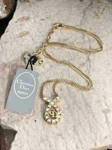 3. Elegante DIOR Gold tone CD logo White Rhinestone Curb Chain Necklace 15"+2" - Picture 1 of 18