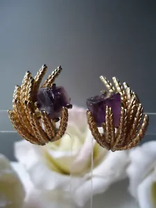 CHRISTIAN DIOR Huge Natural Amethyst Signed Vintage 1966 Gold Tone Clip Earrings - Picture 1 of 12