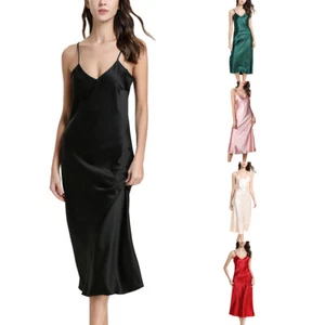 Women's Satin Cami Nightgown V Neck Sleeveless Slip Silk Sleep Dress Lingerie - Picture 1 of 30