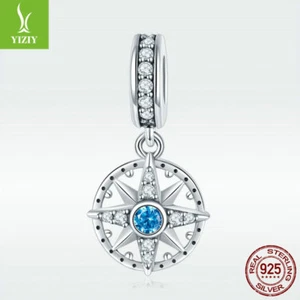 925 Sterling Silver Compass Pendant Zircon Charm Bead For Bracelet Chain Jewelry - Picture 1 of 6