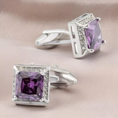 Gemelos de amatista creados en laboratorio de 3,00 quilates para hombre enchapados en oro blanco de 14 quilates Foto 1 de 4