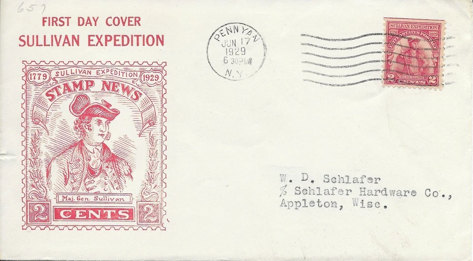 FDC 657 - 2¢ Sullivan stamp Issued 6/17/1929 in Penn Yan, NY - Roessler - Image 1 of 1