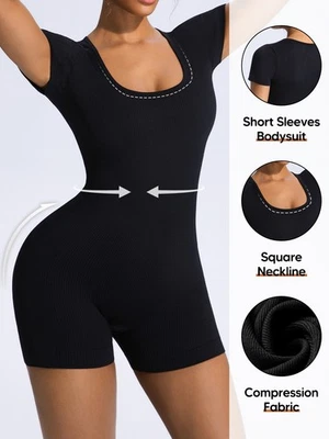 Женский комбинезон для йоги с коротким рукавом бесшовный ребристый облегающий с квадратным вырезом - Изображение 1 из 4