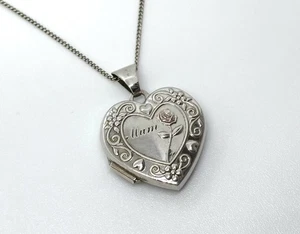Solid Sterling Silver Mum & Rose Heart Shaped Locket Pendant on chain Necklace - Picture 1 of 10