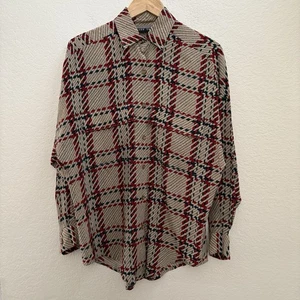 Vintage Linda Allard Ellen Tracy Silk Blouse 6 Medium Beige Red Green Plaid - Picture 1 of 8