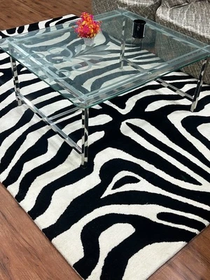 Contemporary Zebra Print Hand Tufted Wool Blend Rug | Abstract Rug - Image 1 of 4