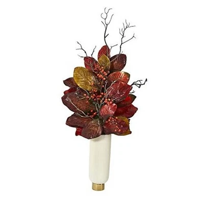  38in. Autumn Magnolia Leaf with Berries Artificial Plant in Cream Planter  - Image 1 of 4