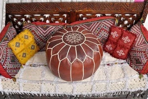 Boho Round Footstool Vintage Handmade Unstuffed Genuine Pouffe Leather Moroccan - Picture 1 of 4