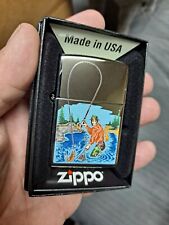 Zippo lighter w antique fishing scene neat art mint in box