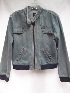 vtg Gap denim jean jacket sz M band collar garage knit cuff hem DISTRESS FADED - Picture 1 of 5