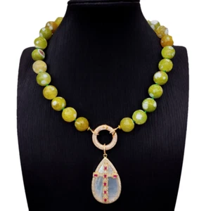 green agate round necklace white sea shell teardrop shape cz pave pendant - Picture 1 of 8