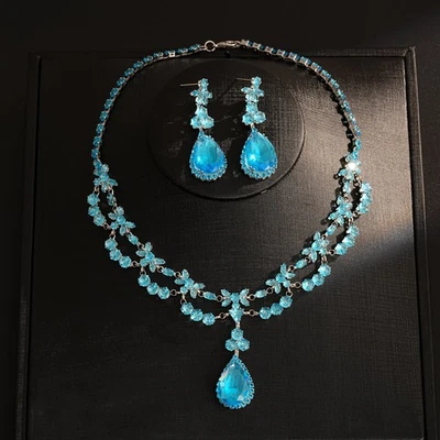 Conjunto de joyas collar pendientes lágrima flor estrás circonita rosa/azul Foto 1 de 3