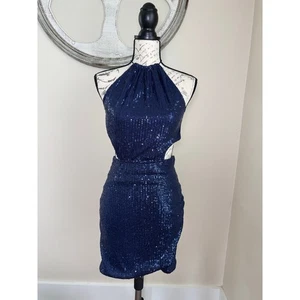Navy Blue Sequin Mini Dress Size L Halter Neck Open Back Stretchy Party Cocktail - Picture 1 of 7