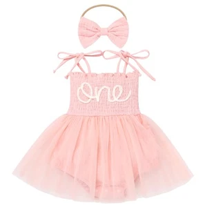 First Birthday Outfit Girl Baby Cotton Sleeveless Spaghetti Straps Bodysuit R... - Picture 1 of 8