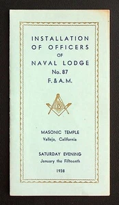 Vallejo California Masonic Temple Installation Officers Naval Lodge 1938 Booklet - Bild 1 von 8