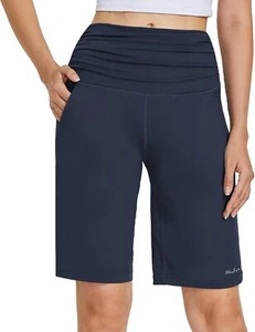 ChinFun Women's 10" High Waist Yoga Shorts Bermuda Small, 03-navy Blue - Picture 1 of 7