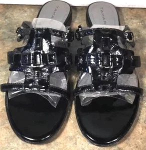 Tahari Sandals Black Omar 7M Open Toe Slip On Slide Patent Leather - Picture 1 of 8