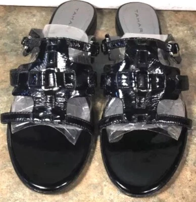 Tahari Sandals Black Omar 7M Open Toe Slip On Slide Patent Leather - Image 1 of 4