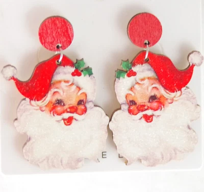 2 «НОВЫЙ ВИНТАЖНЫЙ ВИД КРАСНЫЙ САНТА-КЛАУС ДЕРЕВЯННЫЙ РОЖДЕСТВЕНСКИЙ ПАДЕНИЕ ПОДВЕСКОЙ СЕРЬГИ - Изображение 1 из 4