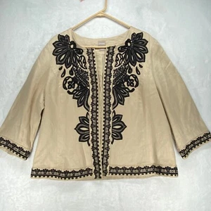 Chico's Embroidered Linen Jacket Open Front Beige Black Size 3 (16/18) - Picture 1 of 11