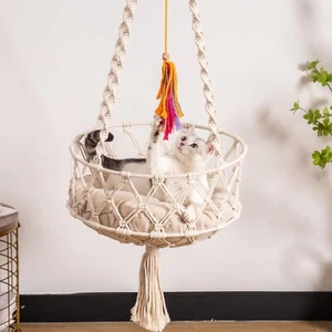 Mewoofun Cat Hammock Macrame Cat House Cat Swing Bed Cushion Wall Hanging Indoor - Picture 1 of 8