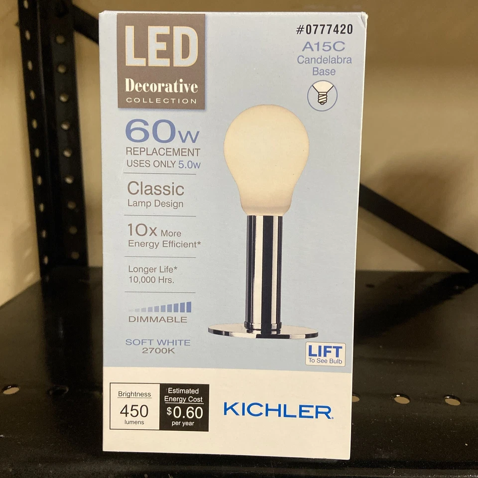 Kichler 60w Candelabra Base LED A15c Bulb 5w Dimmable Soft White 777420