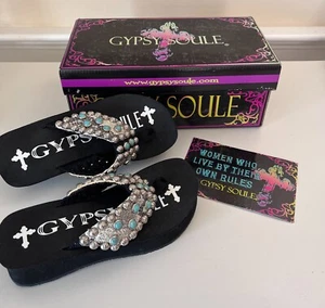 Gypsy Soule Sandals Black Wedge Flip Flop T urquoise Silver Brand New Size 6 M - Picture 1 of 17