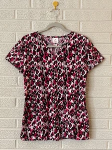 B Scrubs Women's SMALL Scrub Top Leopard Print Pink Black V-Neck - Picture 1 of 2