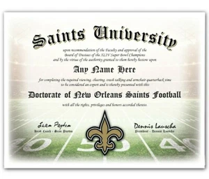 NEW ORLEANS SAINTS NFL Fußball Fan Zertifikat/Diplom Mann Höhle GESCHENK WEIHNACHTEN - Bild 1 von 2