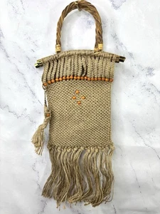 Vintage Boho Chic Macramé Shoulder Bag handbag Tan 70s Woven Wood Beads Fringe - Picture 1 of 12