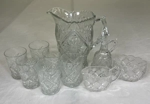 Lancaster Glass "STIPPLED FANS" Handled Glass Pitcher & 6 Tumblers Cream/Sugar + - Picture 1 of 24