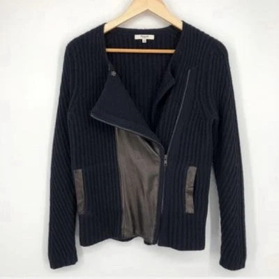 Madewell Suéter Chaqueta Motociclista Mujer M Motocicleta Azul Marino Lana Merino Cuero Foto 1 de 4