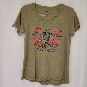 Natural Life Olive Green Graphic Print Slub Knit Short Sleeve Shirt Wmn's Sz M - Picture 1 of 5