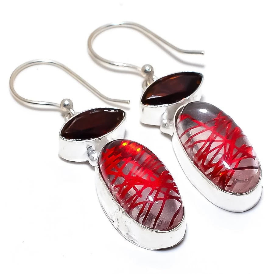 Ювелирные серьги из серебра 925 пробы с красным рутиловым кварцем и гранатом 1,9 дюйма R-2368 - Изображение 1 из 1