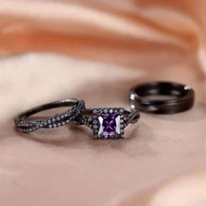 Women Bridal Wedding Ring Set Lab Created Amethyst - 925 Silver- Black Rhodium - Picture 1 of 3