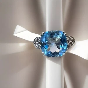 4Ct Cushion Cut Aquamarine Ring 925 Sterling Silver Size 7 New With Tags - Picture 1 of 5