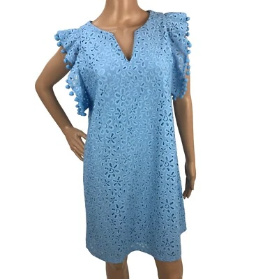 NWT Charter Club Dress Blue Lace Overlay Flutter Sleeve Pom Shift Mini Dress - Image 1 of 4