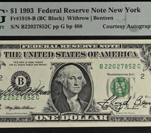 1993 $1 Federal Reserve Note - PMG 64EPQ - Dual Autograph - Withrow / Bentsen - Picture 1 of 3