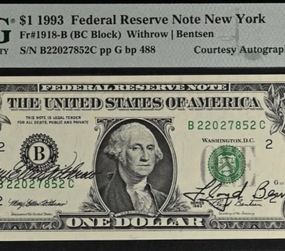 1993 $1 Federal Reserve Note - PMG 64EPQ - Dual Autograph - Withrow / Bentsen - Image 1 of 3