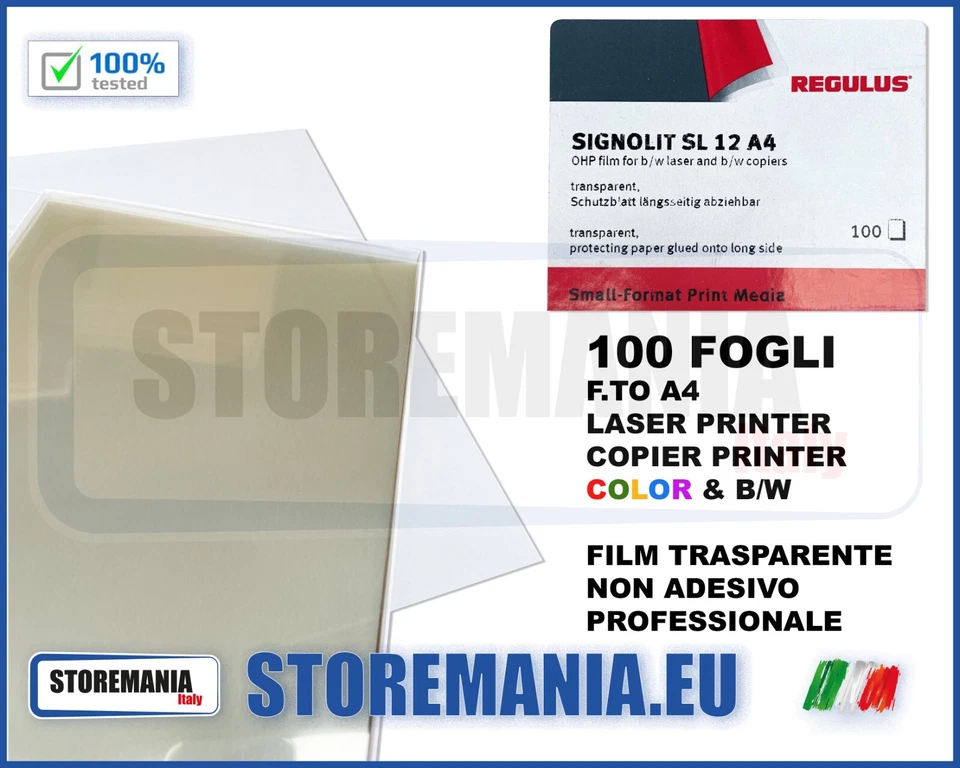 100 FOGLI A4 ACETATO OHP TRASPARENTE PER LAVAGNA LUMINOSA STAMPA LASER COLORI BN