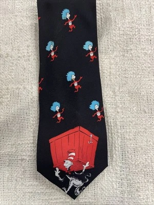 Dr Seuss Cat In The Hat Men Silk Tie Thing 1 Thing 2 Black Necktie - Изображение 1 из 4