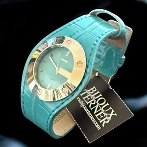 Silver Tone Quartz Womens Watch Bijoux Terner Turquoise Leather K-10643 Y2K - Picture 1 of 10