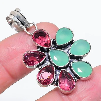 Colgante de piedras preciosas de turmalina rosa calcedonia verde joyería hecha a mano 1,8" FP 2734 Foto 1 de 4