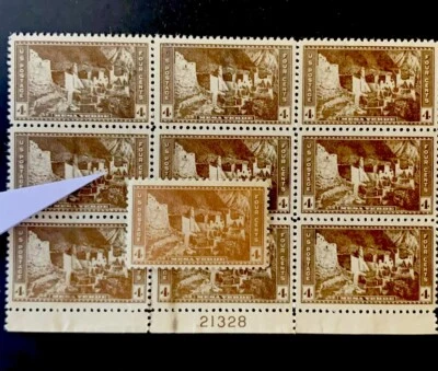 54398 US Stamp Sc#759 Extr Rare Dark Ink Error EFO MNHNGAI? Plate Block9 Descri* - Image 1 of 3