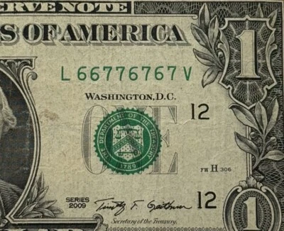 Binary Fancy Serial Number One Dollar Bill L66776767V FW Print 6s 7s - Image 1 of 4
