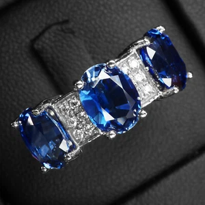 Three Stone Vivid Blue Sapphire Oval 5.50Ct 925 Sterling Silver Handmade Rings - Picture 1 of 8