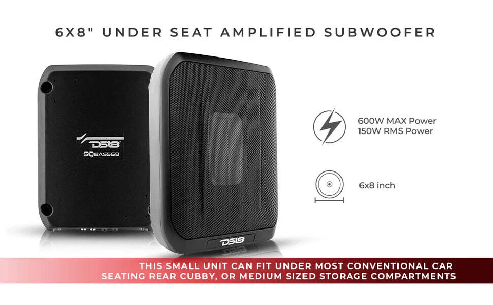 DS18 SQBASS68 6x8" Under Car Seat Amplified Subwoofer Enclosure Amp Sub Box Thin