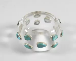 Chunky MCM Lucite 2"Wide Bangle Bracelet w/Sterling Mount Turquoise Stones LOOK! - Picture 1 of 5