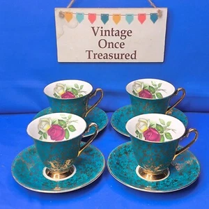 4x ROSENMUSTER Teetassen & Untertassen * 50er Jahre türkis & gold WINDSOR BONE CHINA * EXC - Bild 1 von 13