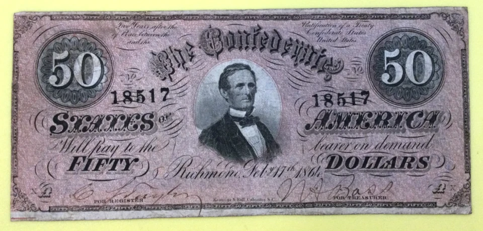 1864, T-66, 50$ Confederate Bank Note, #18517, Richmond VA, A series. - Image 1 of 4